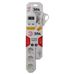 USF-5es-1.5m-USB-W Сетевой фильтр ЭРА (белый) с заземл, 3x0,75мм2, с выкл, 5гн+2USB, 1.5м - купить в Омске