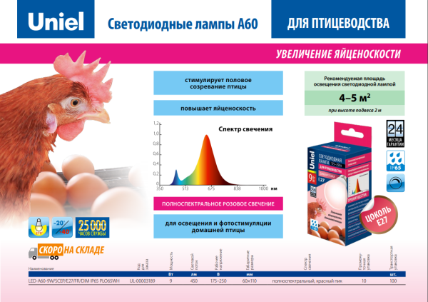 Лампа для птицеводства (повышение яйценоскости) Uniel LED-A60-9W/SCEP/E27/FR/DIM IP65 с гарантией 2 года